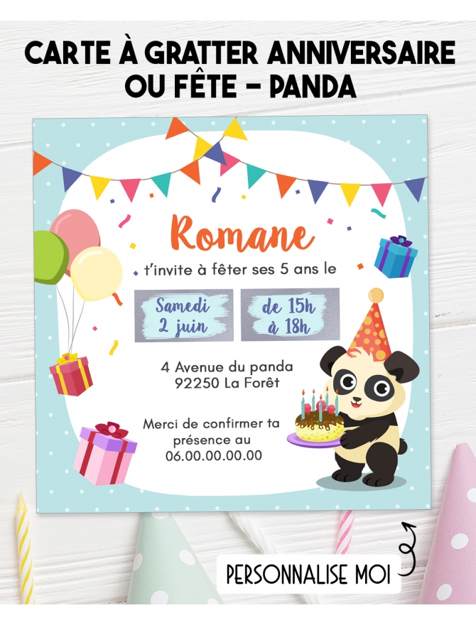 Carte d'invitation anniversaire à gratter - panda. carte anniversaire. invitation enfant original