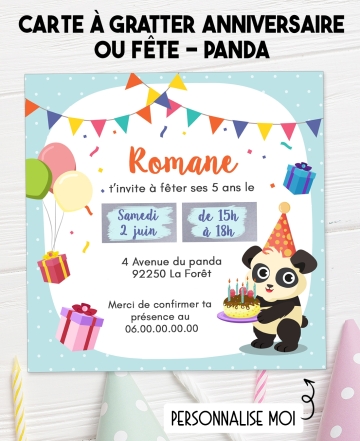 Carte d'invitation anniversaire à gratter - panda. carte anniversaire. invitation enfant original