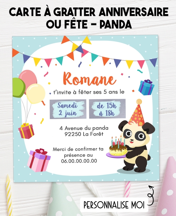 Carte d'invitation anniversaire à gratter - panda. carte anniversaire. invitation enfant original