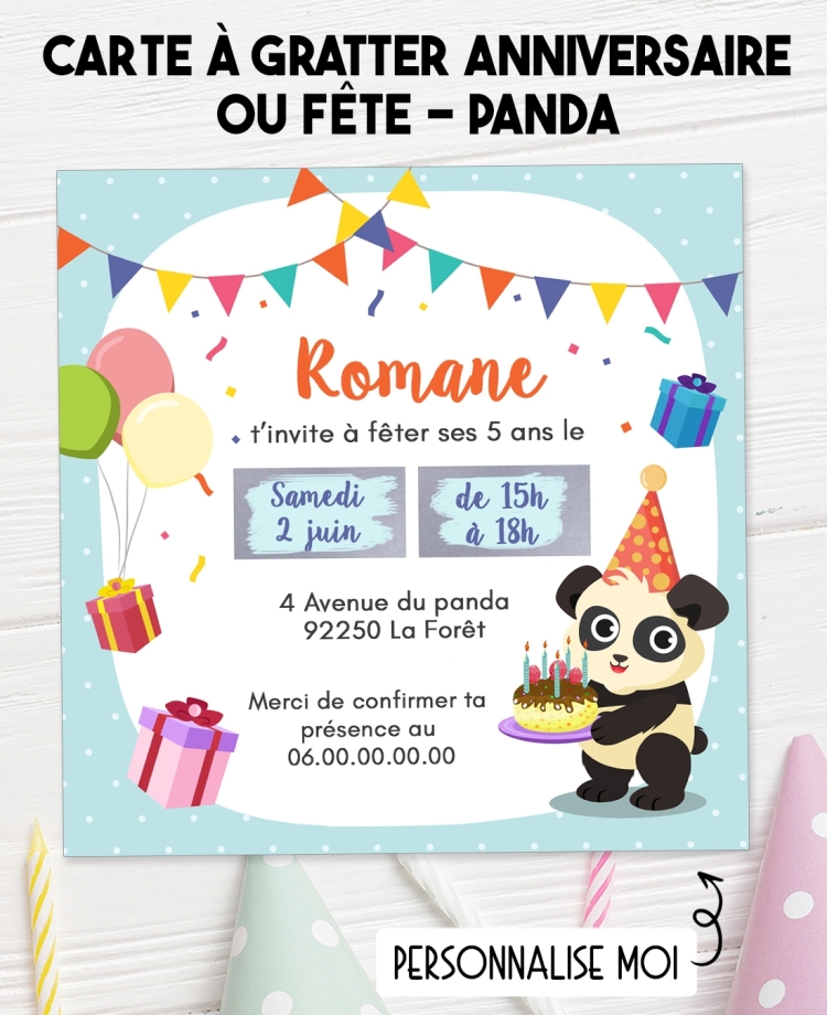 Carte d'invitation anniversaire à gratter - panda. carte anniversaire. invitation enfant original