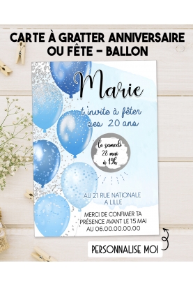 invitation anniversaire ballon bleu. carte invitation adulte. carte adulte. invitation original. invitation fête 20 ans