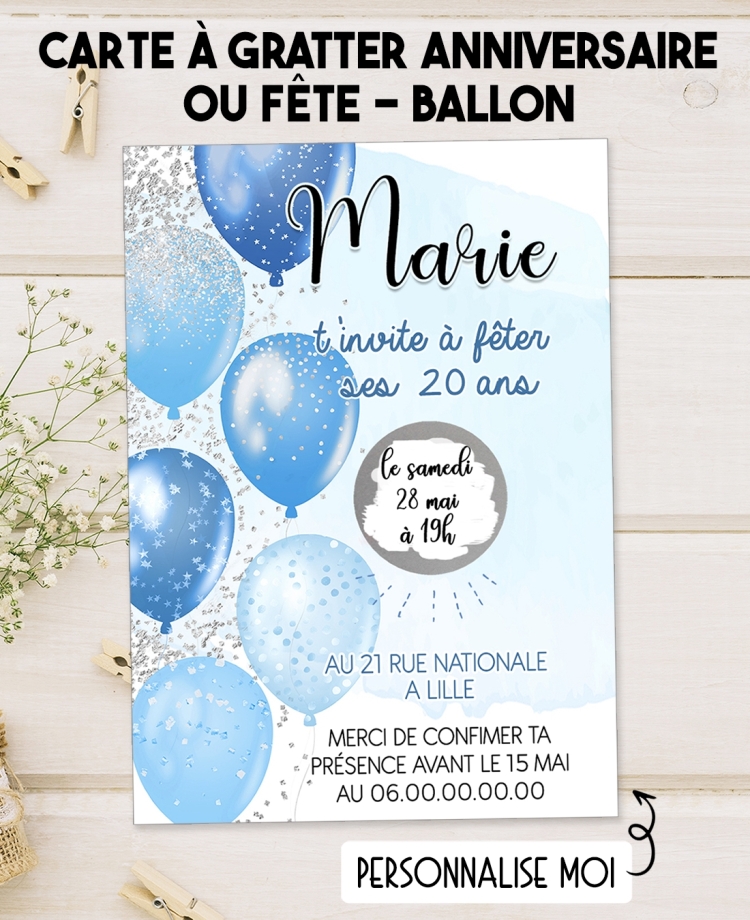 invitation anniversaire ballon bleu. carte invitation adulte. carte adulte. invitation original. invitation fête 20 ans