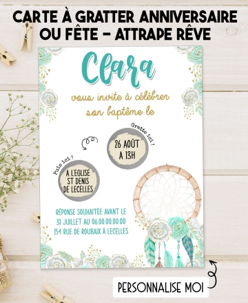 carte gratter bapteme. invitation bapteme attrape reve. invitation bapteme originale. invitation gratter