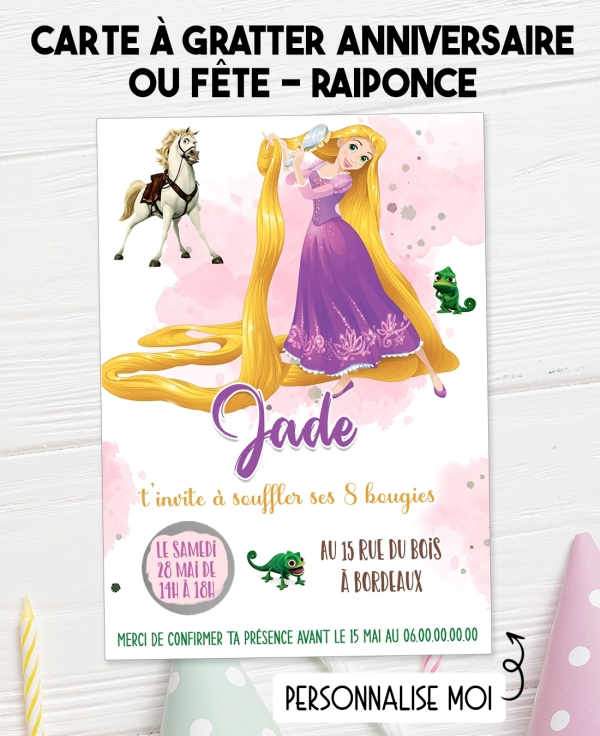 carte invitation. carte anniversaire enfant. carte Raiponce. anniversaire Raiponce, carte invitation gratter.