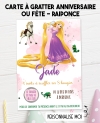 carte invitation. carte anniversaire enfant. carte Raiponce. anniversaire Raiponce, carte invitation gratter.