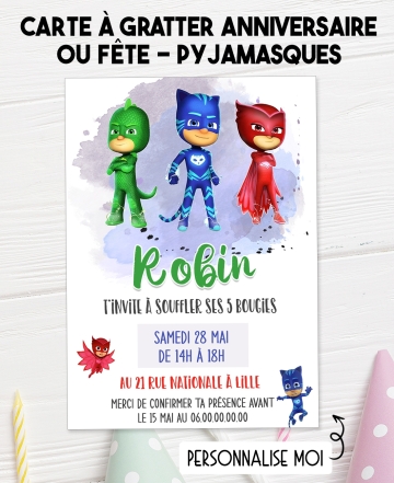 carte invitation. carte anniversaire enfant. carte Pyjamasques. anniversaire Pyjamasques, carte invitation gratter.