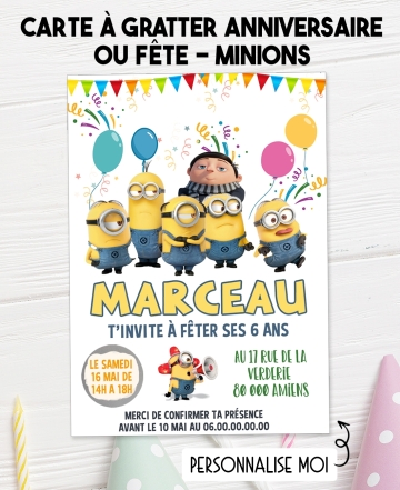 carte invitation. carte fête enfant. carte anniversaire minions. anniversaire fille garçon. carte invitation gratter.