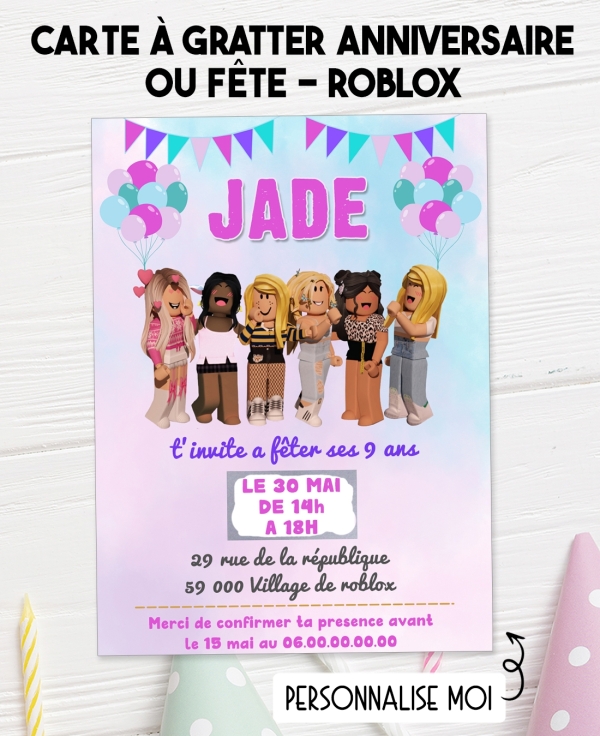 invitation Roblox. anniversaire fille. invitation anniversaire enfant. carte invitation enfant. carte enfant Roblox.