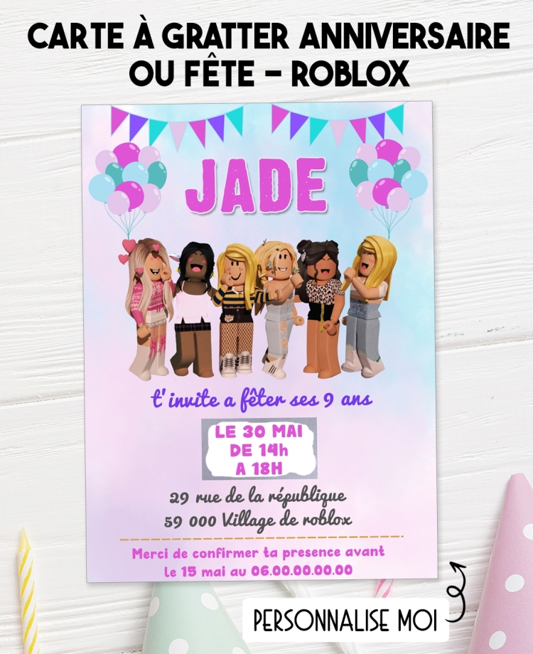 invitation Roblox. anniversaire fille. invitation anniversaire enfant. carte invitation enfant. carte enfant Roblox.