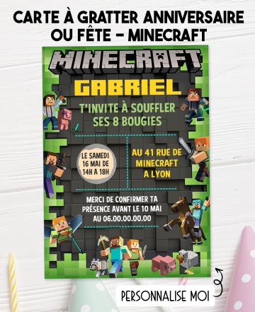 carte invitation. carte baptême. carte anniversaire enfant. carte Minecraft. anniversaire Minecraft, carte invitation gratter.