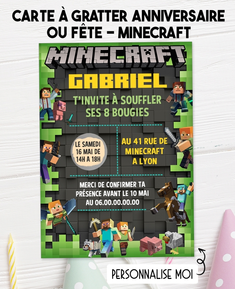 carte invitation. carte baptême. carte anniversaire enfant. carte Minecraft. anniversaire Minecraft, carte invitation gratter.
