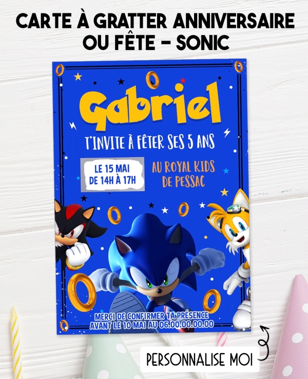 carte invitation. carte anniversaire enfant. carte sonic. anniversaire sonic, carte invitation gratter.