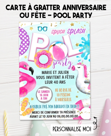 carte invitation. carte fête adulte. carte pool party. anniversaire piscine.carte invitation gratter.