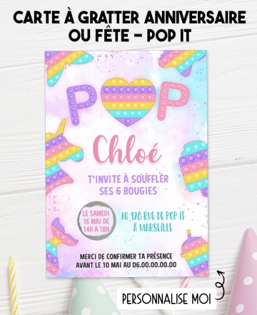 carte invitation. carte baptême. carte anniversaire enfant. carte pop it. anniversaire pop it, carte invitation gratter.