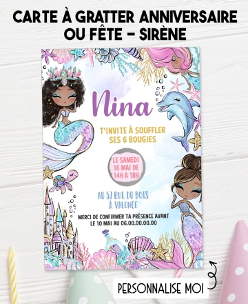 carte invitation. carte fête enfant. carte anniversaire Sirène. anniversaire fille. carte invitation gratter.