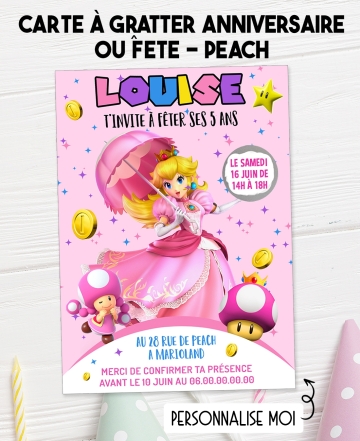 carte invitation fille. carte anniversaire enfant. carte Peach mario. anniversaire Peach, carte invitation gratter.