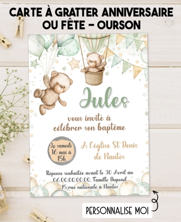 carte invitation. carte baptême. carte anniversaire enfant. carte ourson. anniversaire ourson. carte invitation gratter.