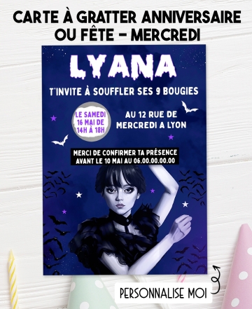 carte invitation adams. carte fête enfant. carte anniversaire Mercredi. anniversaire fille. carte invitation gratter.