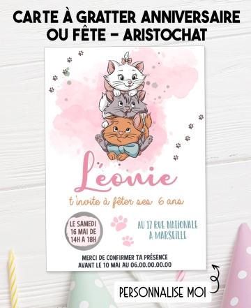 carte invitation. carte fête enfant. carte anniversaire aristochats. anniversaire fille. carte invitation gratter.
