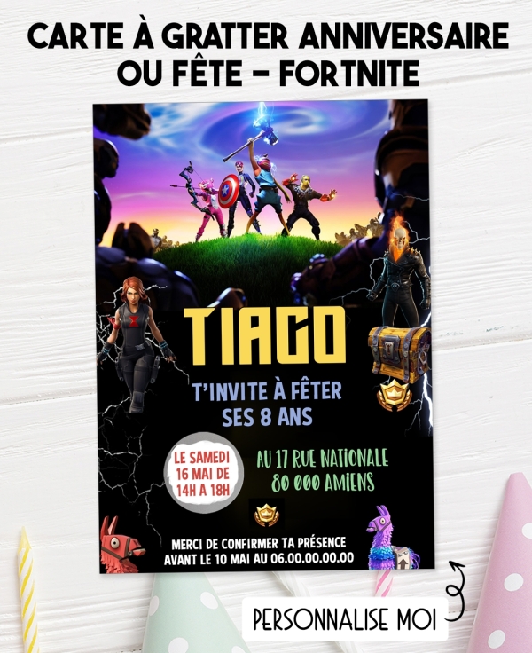 carte invitation. carte baptême. carte anniversaire enfant. carte Fortnite. anniversaire Fortnite, carte invitation gratter.