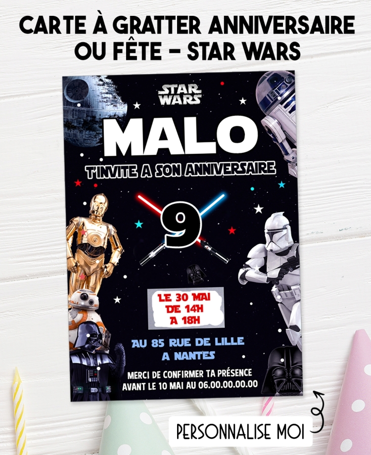 carte invitation star wars. carte baptême. carte fête. carte Star Wars. anniversaire Star Wars, carte invitation gratter.