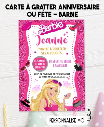 carte invitation. carte anniversaire enfant. carte Barbie. anniversaire Barbie, carte invitation gratter.