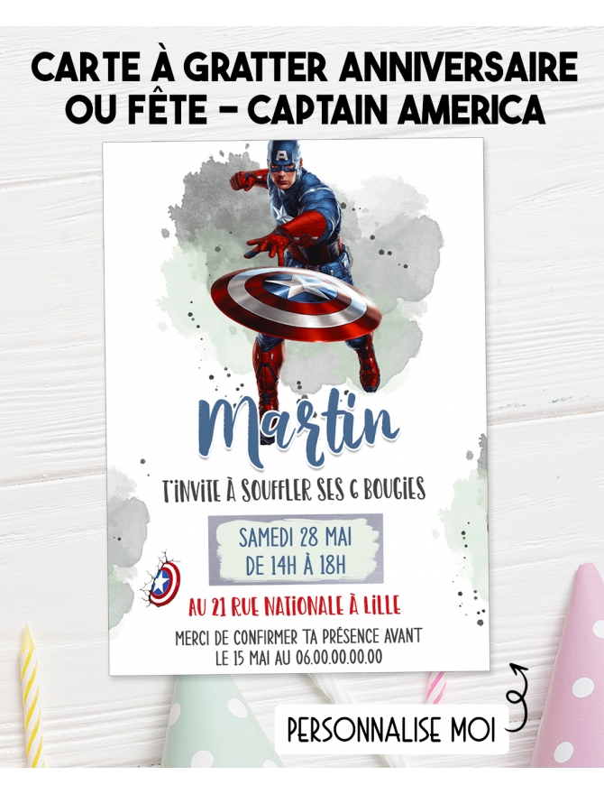 carte invitation. carte anniversaire enfant. carte Captain America. anniversaire Captain America, carte invitation gratter.
