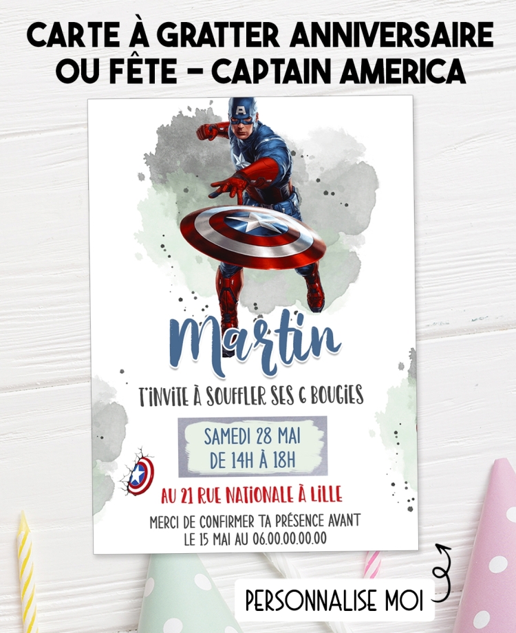 carte invitation. carte anniversaire enfant. carte Captain America. anniversaire Captain America, carte invitation gratter.