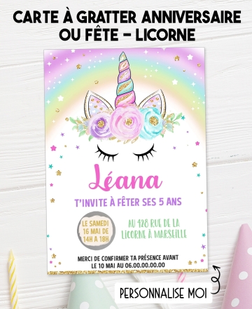 carte invitation. carte baptême. carte anniversaire enfant. carte arc en ciel. anniversaire licorne, carte invitation gratter.
