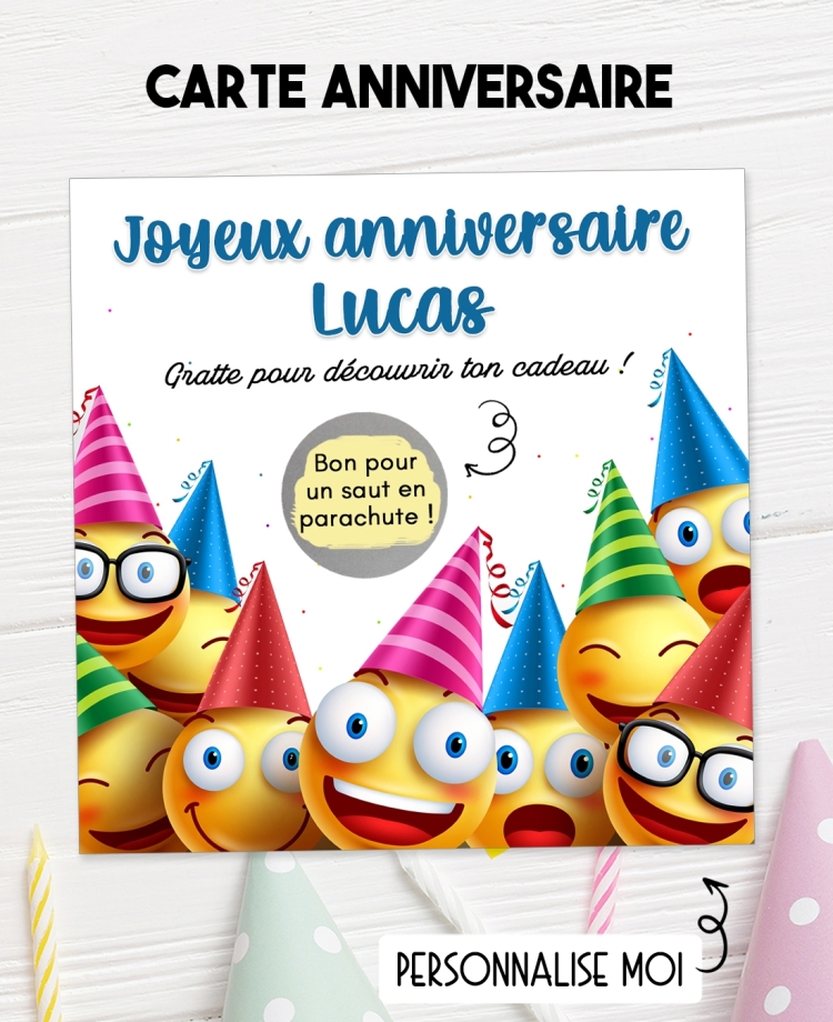 Carte à gratter "Joyeux anniversaire" - smiley - personnalisable. carte gratter anniversaire. carte anniversaire