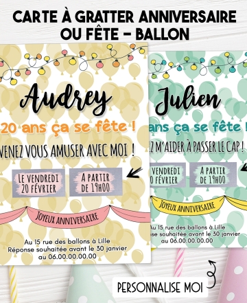 Carte d'invitation anniversaire à gratter adulte - ballon. carte anniversaire. carte invitation