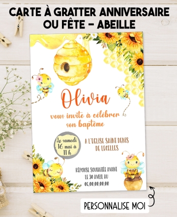 carte invitation. carte anniversaire enfant. carte Abeille. anniversaire Abeille, carte invitation gratter.