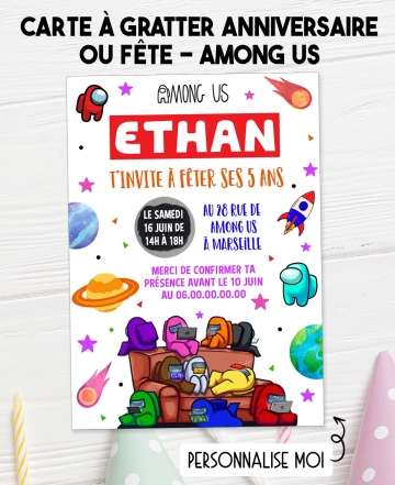 carte invitation. carte anniversaire enfant. carte Among Us. anniversaire Among Us, carte invitation gratter.