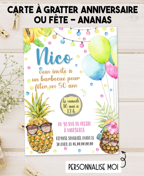 invitation adulte, carte à gratter, thème ananas, fête originale, anniversaire coloré, invitation élégante