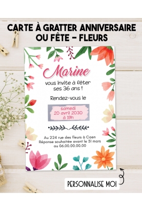 Carte d'invitation anniversaire à gratter. carte invitation fleur. carte anniversaire femme. invitation mariage