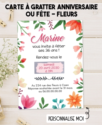 Carte d'invitation anniversaire à gratter. carte invitation fleur. carte anniversaire femme. invitation mariage