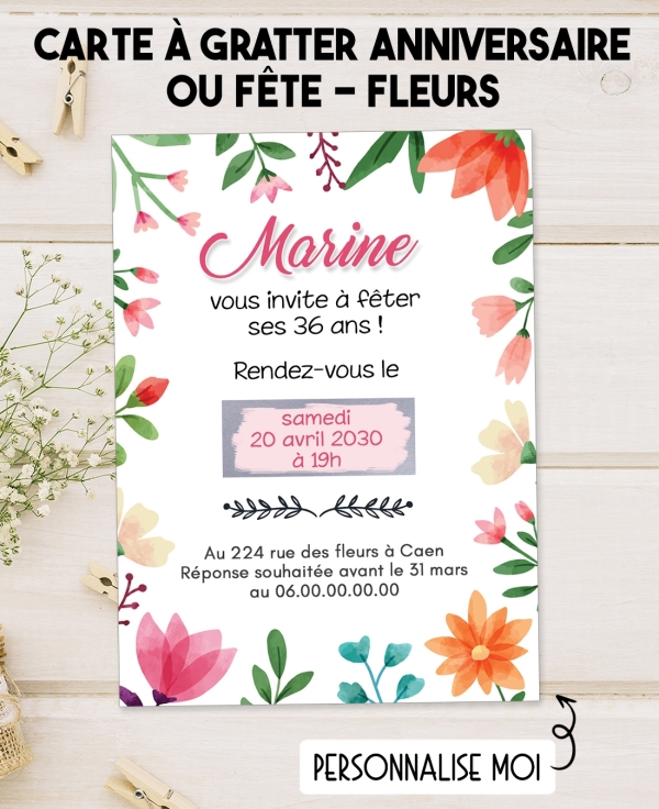 Carte d'invitation anniversaire à gratter. carte invitation fleur. carte anniversaire femme. invitation mariage