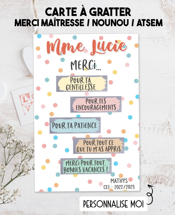 Carte merci maitresse. merci nounou. carte ATSEM. cadeau maîtresse. cadeau nounou. cadeau ATSEM