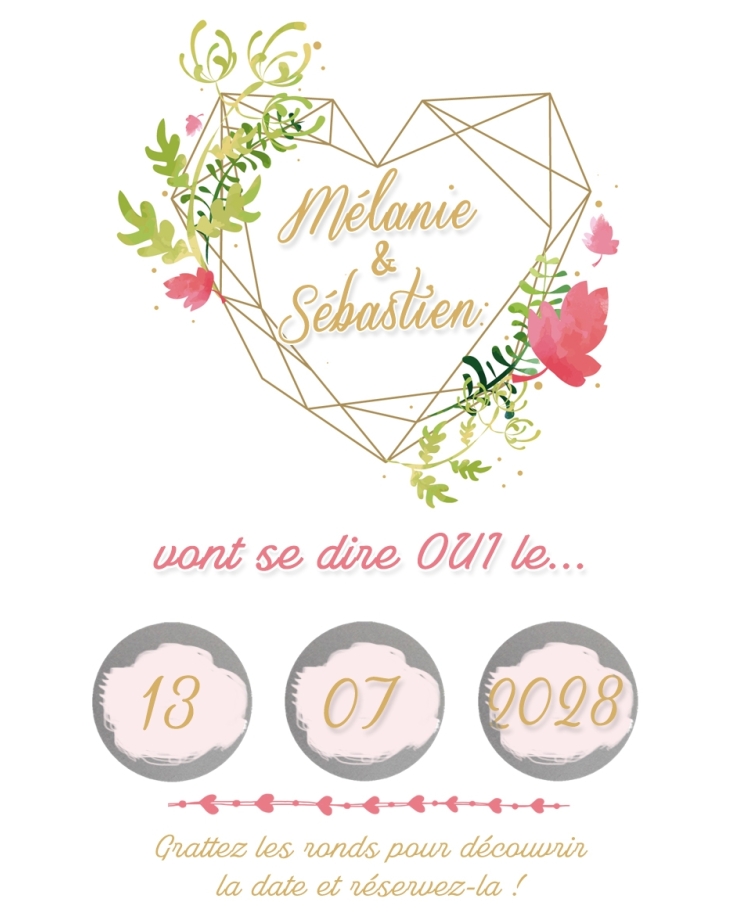 Save the date "coeur" à gratter pour annoncer votre mariage ou pacs