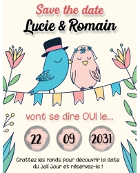Mini Save the date "oiseaux" à gratter pour annoncer votre mariage ou pacs. annonce mariage. annonce pacs