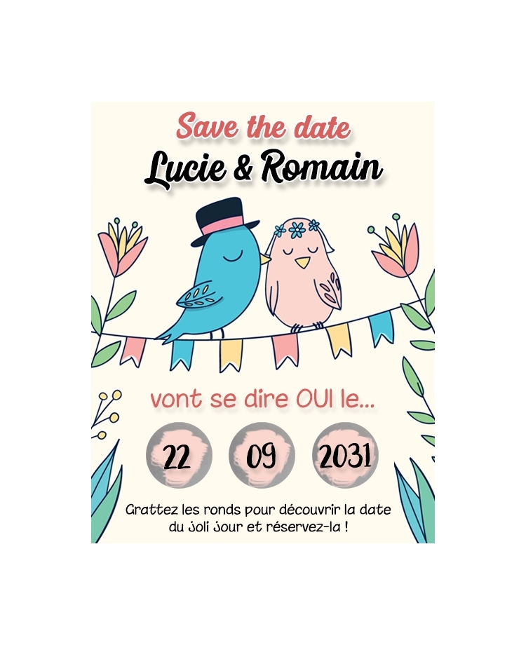 Mini Save the date "oiseaux" à gratter pour annoncer votre mariage ou pacs. annonce mariage. annonce pacs