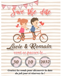 Mini Save the date "couple vélo" à gratter pour annoncer votre mariage ou pacs.  annonce mariage. annonce pacs