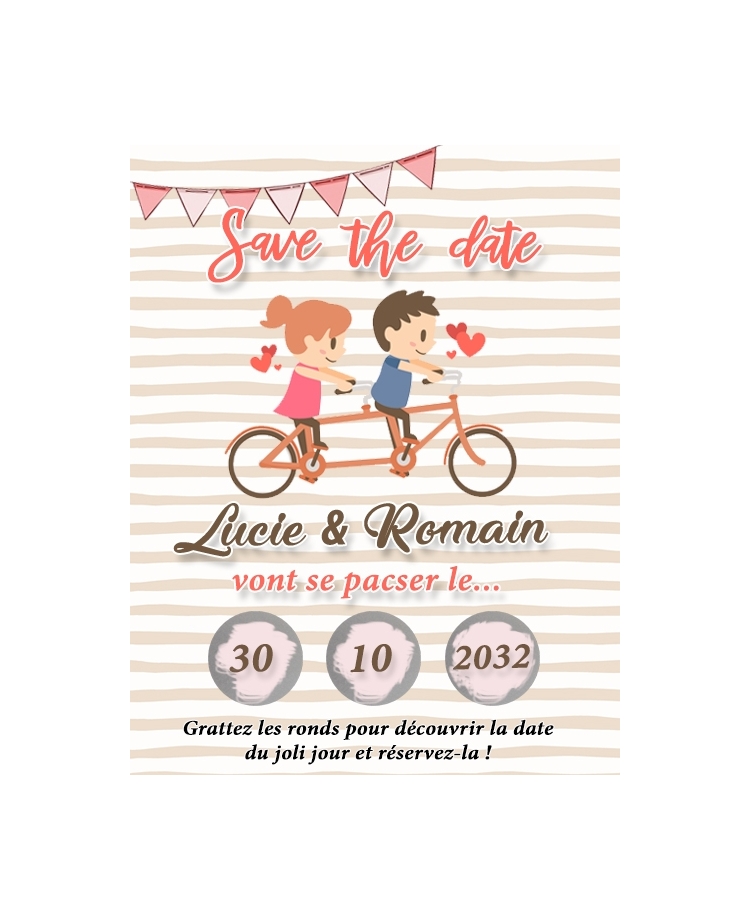 Mini Save the date "couple vélo" à gratter pour annoncer votre mariage ou pacs.  annonce mariage. annonce pacs