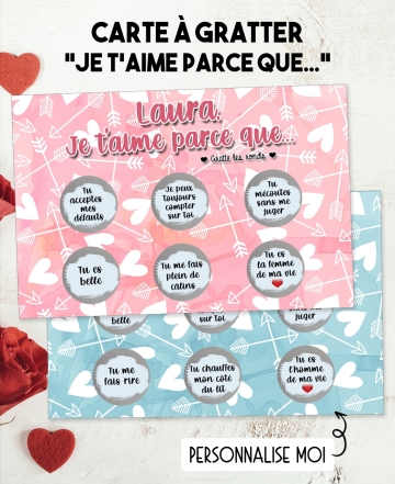 Carte à gratter saint valentin. carte je t'aime. cadeau amoureux. carte cadeau amoureux