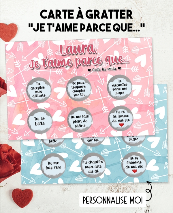 Carte à gratter saint valentin. carte je t'aime. cadeau amoureux. carte cadeau amoureux