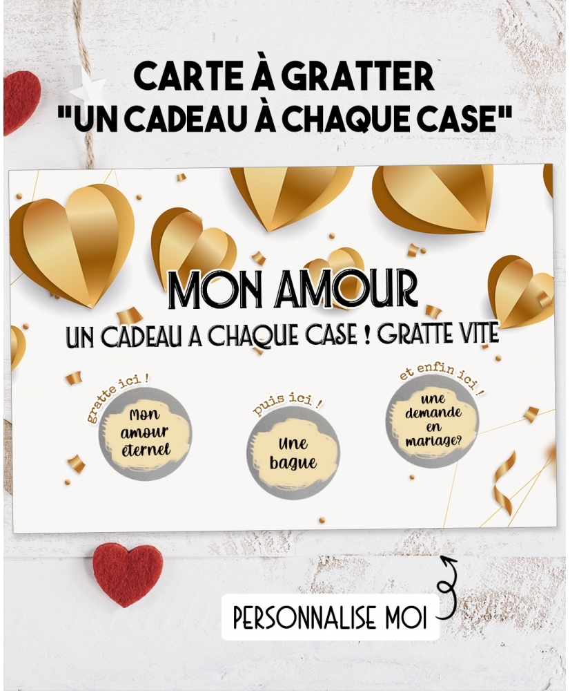 Carte à gratter "Un cadeau a chaque case !" pour votre amoureux(se) personnalisable. carte gratter saint valentin
