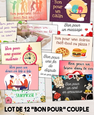 Lot de 12 "Bon pour" spécial couple, pour votre amoureux(se). bon couple. bon pour saint valentin. carte amour