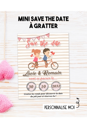 Mini Save the date "couple vélo" à gratter pour annoncer votre mariage ou pacs.  annonce mariage. annonce pacs