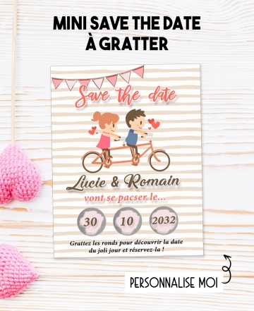 Mini Save the date "couple vélo" à gratter pour annoncer votre mariage ou pacs.  annonce mariage. annonce pacs