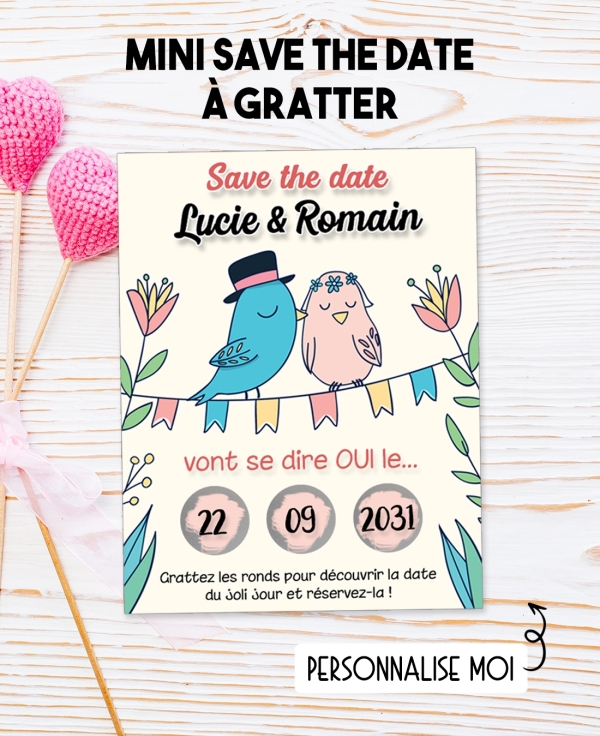 Mini Save the date "oiseaux" à gratter pour annoncer votre mariage ou pacs. annonce mariage. annonce pacs